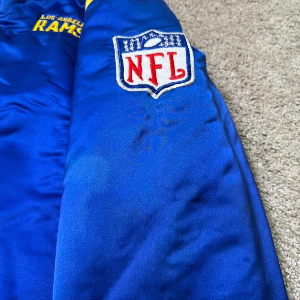 Vintage 80s 90s LA Rams Snap Bomber Jacket Blue Gold NFL Satin Fits Small-Medium